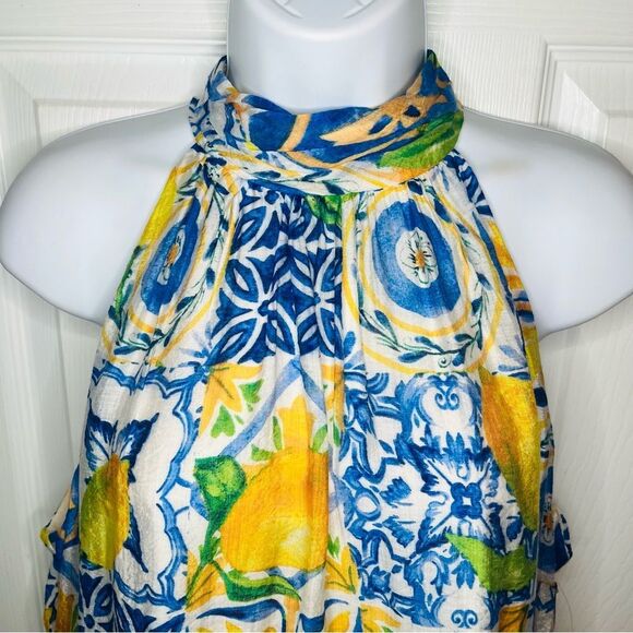 1. State Halter Neck Tiered Ruffle Dress Sleeveless Yellow Lemon Print Blue L - Picture 7 of 13